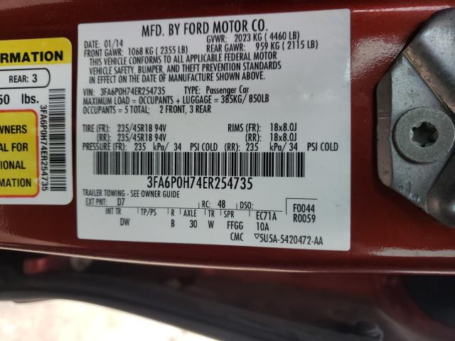 Photo 10 from auction – 2014 FORD FUSION SE with VIN 3FA6P0H74ER254735