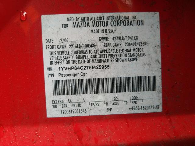 Photo 10 from auction – 2007 MAZDA 6 I with VIN 1YVHP84C275M25955