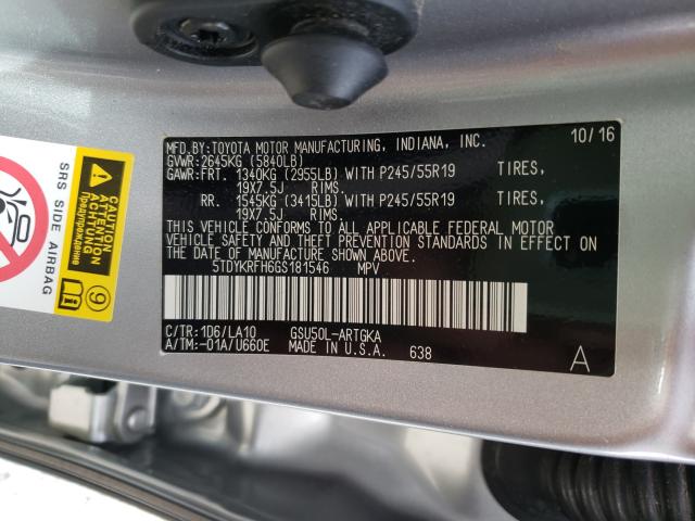Photo 10 from auction – 2016 TOYOTA HIGHLANDER with VIN 5TDYKRFH6GS181546