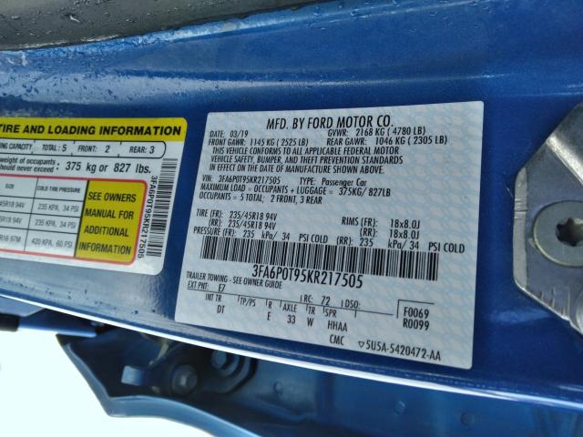 Photo 10 from auction – 2019 FORD FUSION SE with VIN 3FA6P0T95KR217505