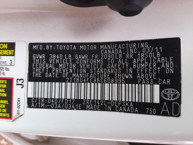 Photo 10 from auction – 2011 TOYOTA COROLLA BA with VIN 2T1BU4EE8BC608995