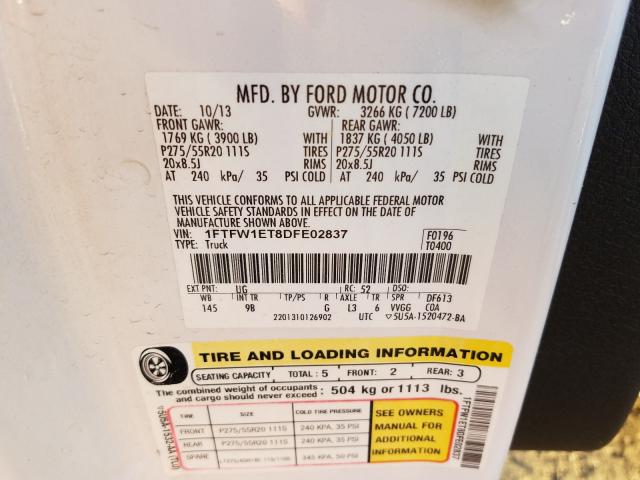 Photo 10 from auction – 2013 FORD F150 SUPER with VIN 1FTFW1ET8DFE02837