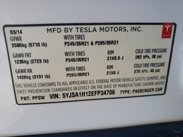 Photo 10 from auction – 2014 TESLA MODEL S with VIN 5YJSA1H12EFP34706