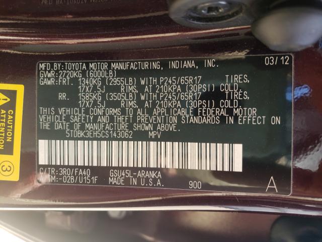Photo 10 from auction – 2012 TOYOTA HIGHLANDER with VIN 5TDBK3EH5CS143062