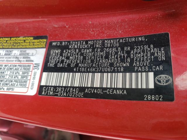 Photo 10 from auction – 2007 TOYOTA CAMRY CE with VIN 4T1BE46K37U067118