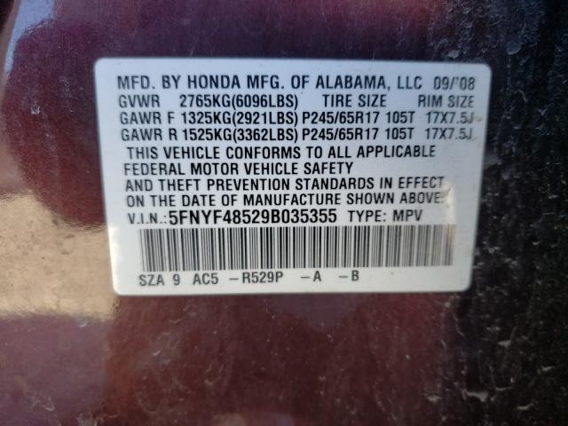 Photo 10 from auction – 2009 HONDA PILOT EXL with VIN 5FNYF48529B035355
