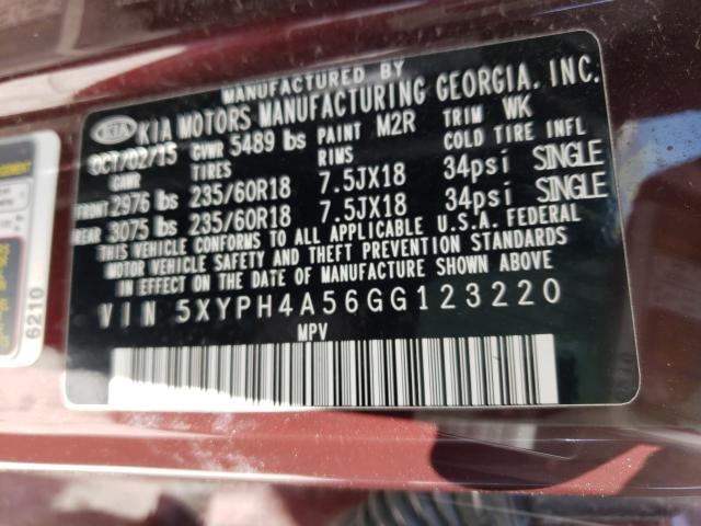 Photo 10 from auction – 2016 KIA SORENTO EX with VIN 5XYPH4A56GG123220