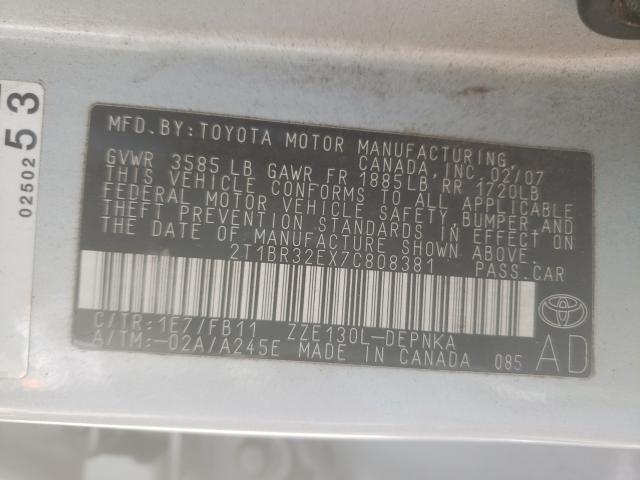 Photo 10 from auction – 2007 TOYOTA COROLLA CE with VIN 2T1BR32EX7C808381