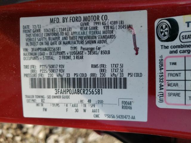 Photo 10 from auction – 2012 FORD FUSION SEL with VIN 3FAHP0JA8CR256581