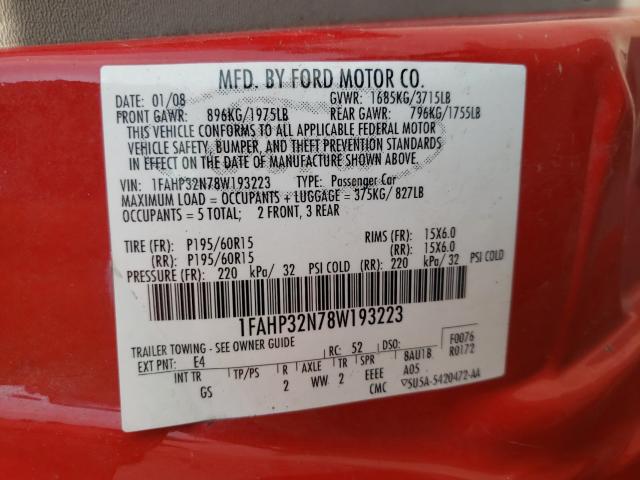 Photo 10 from auction – 2008 FORD FOCUS S/SE with VIN 1FAHP32N78W193223