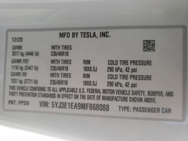 Photo 10 from auction – 2021 TESLA MODEL 3 with VIN 5YJ3E1EA9MF868088