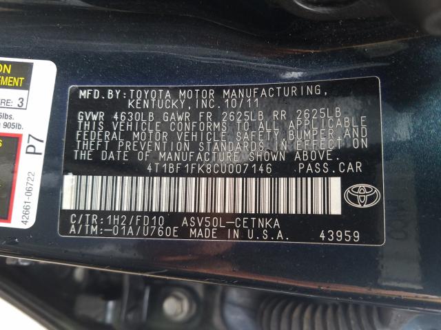 Photo 10 from auction – 2012 TOYOTA CAMRY BASE with VIN 4T1BF1FK8CU007146