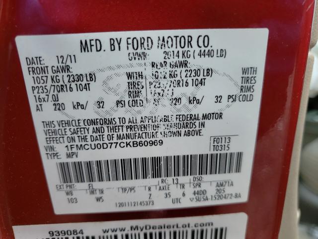 Photo 10 from auction – 2012 FORD ESCAPE XLT with VIN 1FMCU0D77CKB60969