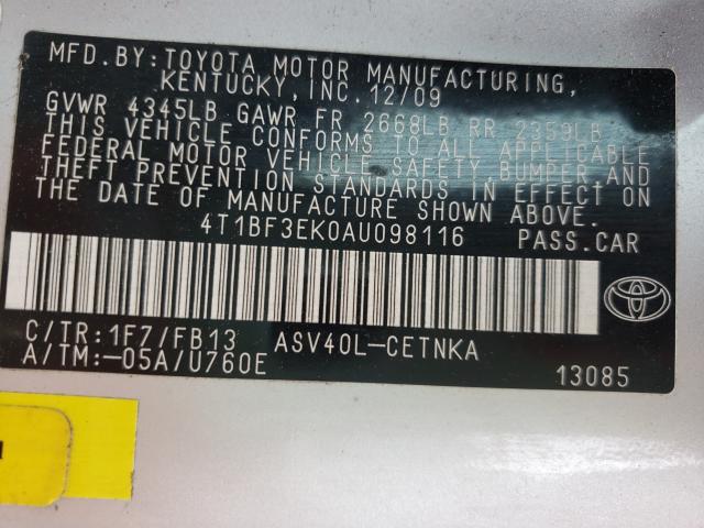Photo 10 from auction – 2010 TOYOTA CAMRY BASE with VIN 4T1BF3EK0AU098116