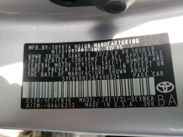 Photo 10 from auction – 2016 TOYOTA COROLLA L with VIN 5YFBURHE2GP440934