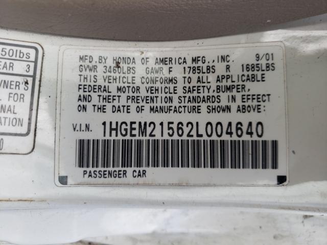 Photo 10 from auction – 2002 HONDA CIVIC LX with VIN 1HGEM21562L004640