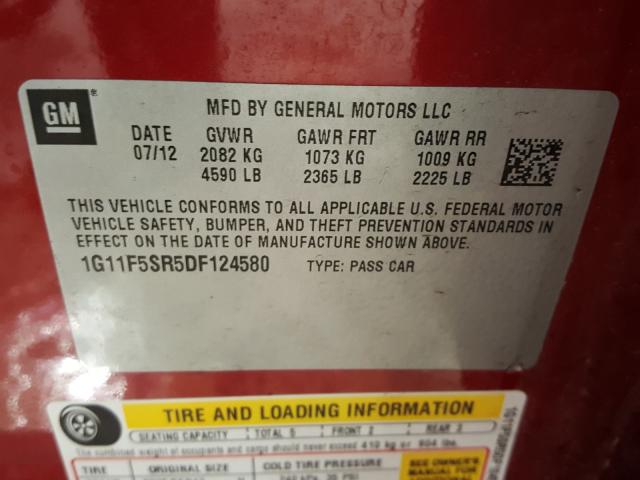 Photo 10 from auction – 2013 CHEVROLET MALIBU 2LT with VIN 1G11F5SR5DF124580
