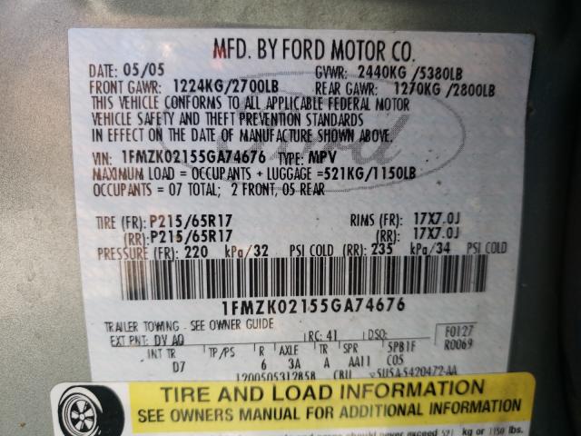 Photo 10 from auction – 2005 FORD FREESTYLE with VIN 1FMZK02155GA74676