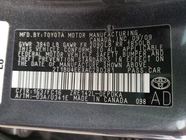 Photo 10 from auction – 2010 TOYOTA COROLLA BA with VIN 2T1BU4EEXAC280381