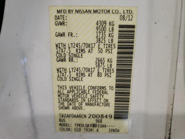 Photo 10 from auction – 2012 NISSAN NV 3500 S with VIN 5BZAF0AA6CN200849