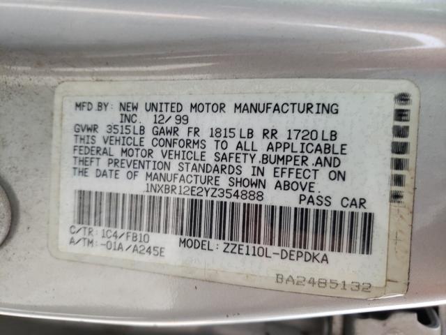 Photo 10 from auction – 2000 TOYOTA COROLLA VE with VIN 1NXBR12E2YZ354888