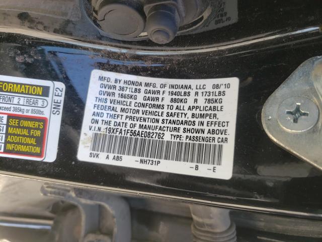 Photo 10 from auction – 2010 HONDA CIVIC LX with VIN 19XFA1F56AE082762