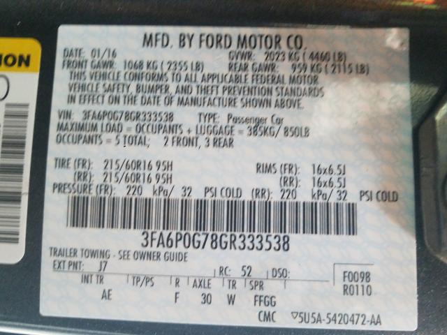 Photo 10 from auction – 2016 FORD FUSION S with VIN 3FA6P0G78GR333538