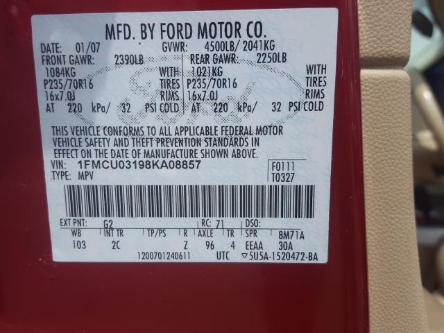 Photo 10 from auction – 2008 FORD ESCAPE XLT with VIN 1FMCU03198KA08857
