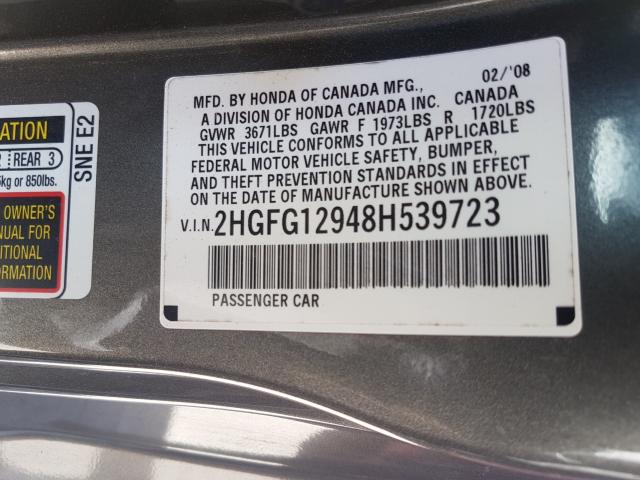 Photo 10 from auction – 2008 HONDA CIVIC EXL with VIN 2HGFG12948H539723
