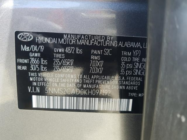 Photo 10 from auction – 2019 HYUNDAI SANTA FE S with VIN 5NMS2CAD0KH097192