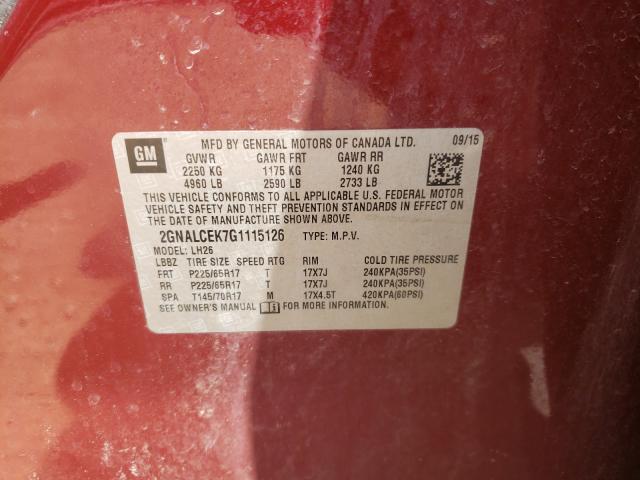 Photo 10 from auction – 2016 CHEVROLET EQUINOX LT with VIN 2GNALCEK7G1115126