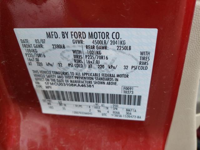 Photo 10 from auction – 2008 FORD ESCAPE XLT with VIN 1FMCU03108KA46381
