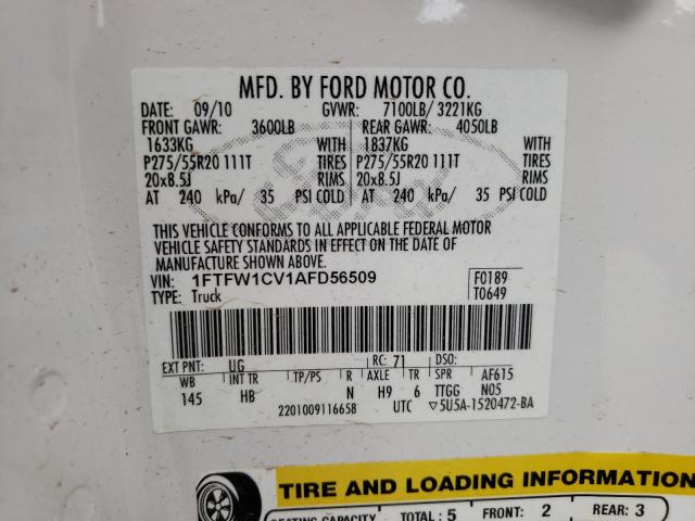 Photo 10 from auction – 2010 FORD F150 SUPER with VIN 1FTFW1CV1AFD56509