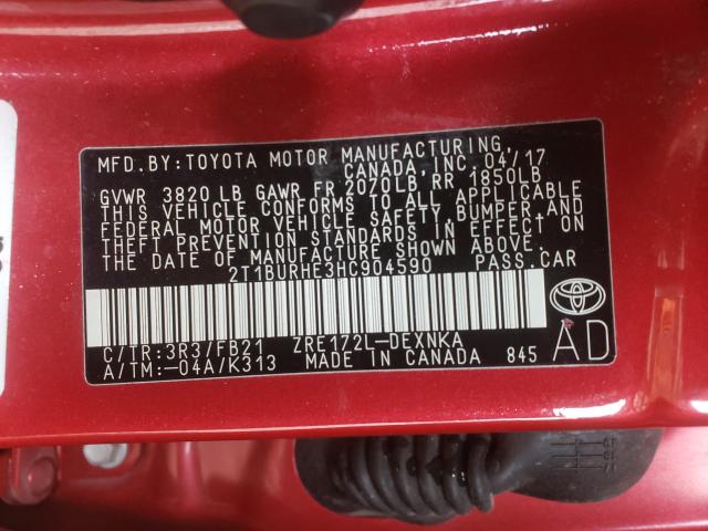 Photo 10 from auction – 2017 TOYOTA COROLLA L with VIN 2T1BURHE3HC904590