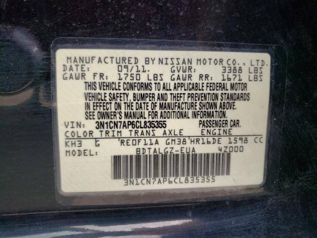 Photo 10 from auction – 2012 NISSAN VERSA S with VIN 3N1CN7AP6CL835355