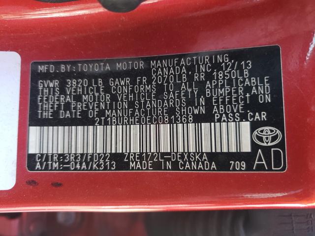 Photo 10 from auction – 2014 TOYOTA COROLLA L with VIN 2T1BURHE0EC081368