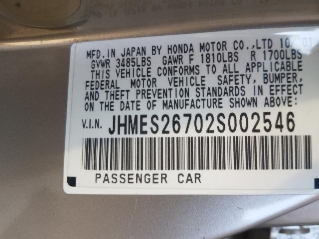 Photo 10 from auction – 2002 HONDA CIVIC EX with VIN JHMES26702S002546