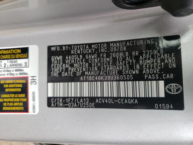 Photo 10 from auction – 2009 TOYOTA CAMRY BASE with VIN 4T1BE46K39U360505