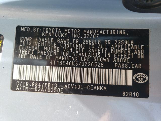 Photo 10 from auction – 2007 TOYOTA CAMRY CE with VIN 4T1BE46K57U726526
