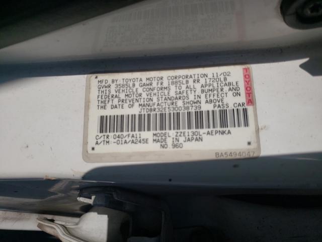 Photo 10 from auction – 2003 TOYOTA COROLLA CE with VIN JTDBR32E530038739