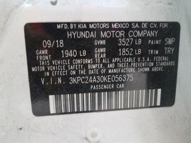Photo 10 from auction – 2019 HYUNDAI ACCENT SE with VIN 3KPC24A30KE056375