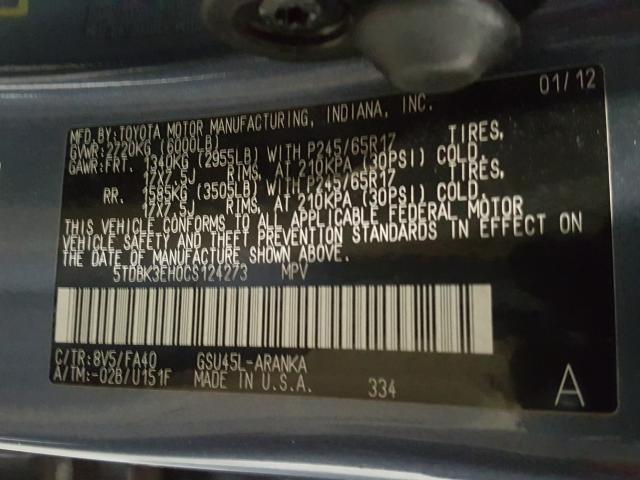 Photo 10 from auction – 2012 TOYOTA HIGHLANDER with VIN 5TDBK3EH0CS124273