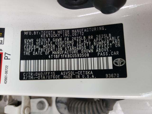 Photo 10 from auction – 2012 TOYOTA CAMRY BASE with VIN 4T1BF1FK8CU593508