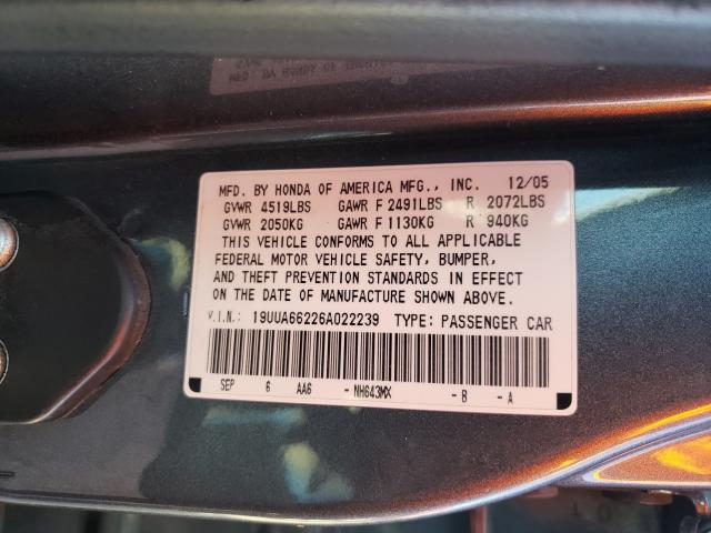 Photo 10 from auction – 2006 ACURA 3.2TL with VIN 19UUA66226A022239