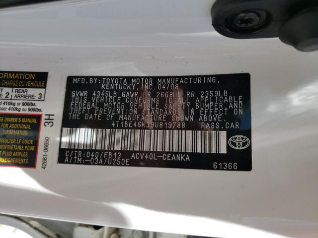 Photo 10 from auction – 2009 TOYOTA CAMRY BASE with VIN 4T1BE46K39U819788