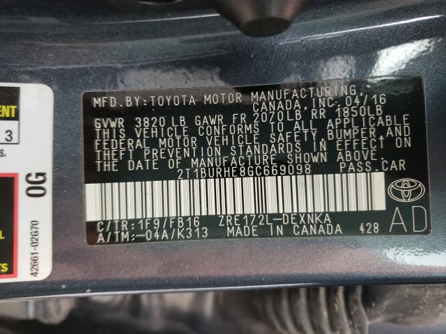 Photo 10 from auction – 2016 TOYOTA COROLLA L with VIN 2T1BURHE8GC669098