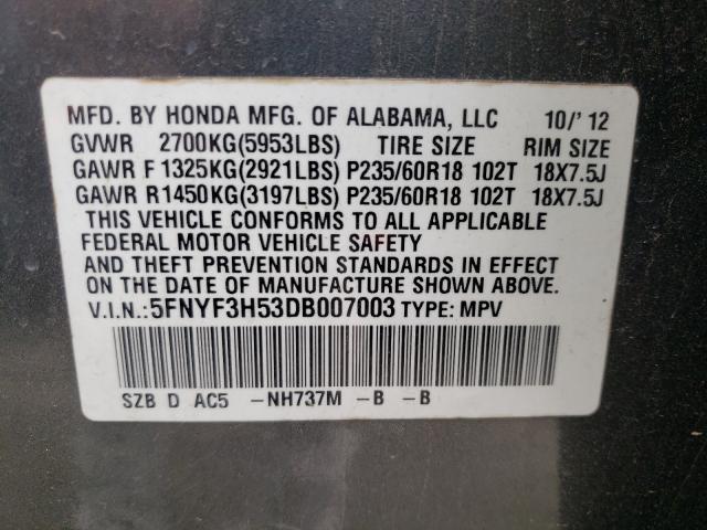 Photo 10 from auction – 2013 HONDA PILOT EXL with VIN 5FNYF3H53DB007003