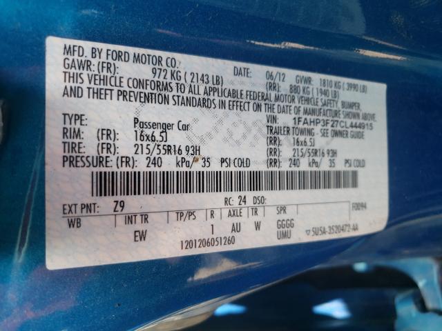 Photo 10 from auction – 2012 FORD FOCUS SE with VIN 1FAHP3F27CL444915