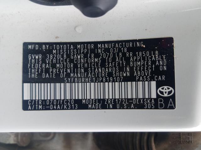 Photo 10 from auction – 2018 TOYOTA COROLLA L with VIN 5YFBURHE1JP819107