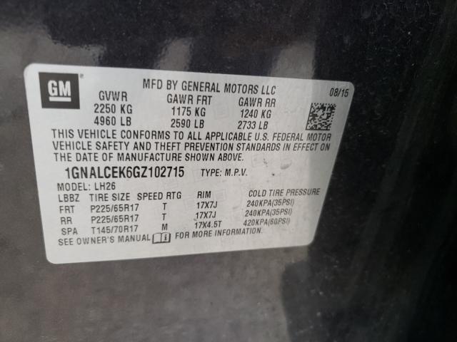 Photo 10 from auction – 2016 CHEVROLET EQUINOX LT with VIN 1GNALCEK6GZ102715